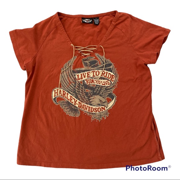 Harley-Davidson Orange Lace-Up Studded Shirt Blouse Motorcycle Top Size 1X or 1W